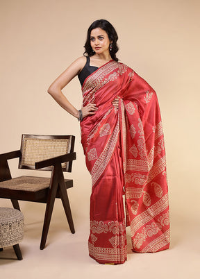 Red Printed Pure Silk Saree Without Blouse Piece