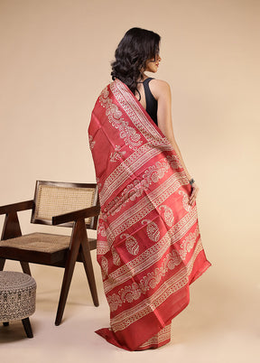 Red Printed Pure Silk Saree Without Blouse Piece