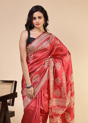 Red Printed Pure Silk Saree Without Blouse Piece
