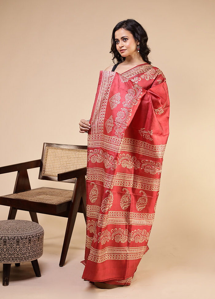 Red Printed Pure Silk Saree Without Blouse Piece