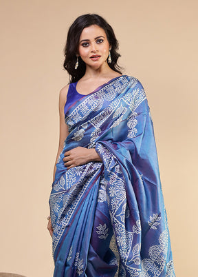 Blue Printed Pure Silk Saree Without Blouse Piece