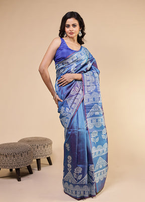 Blue Printed Pure Silk Saree Without Blouse Piece