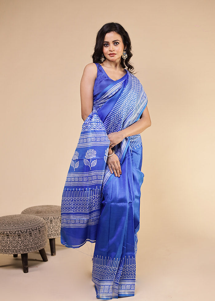 Blue Printed Pure Silk Saree Without Blouse Piece