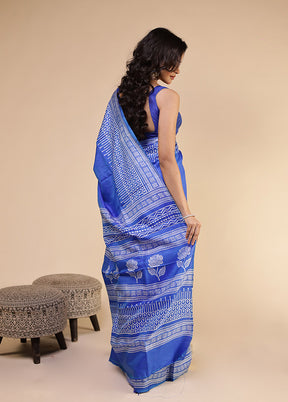 Blue Printed Pure Silk Saree Without Blouse Piece