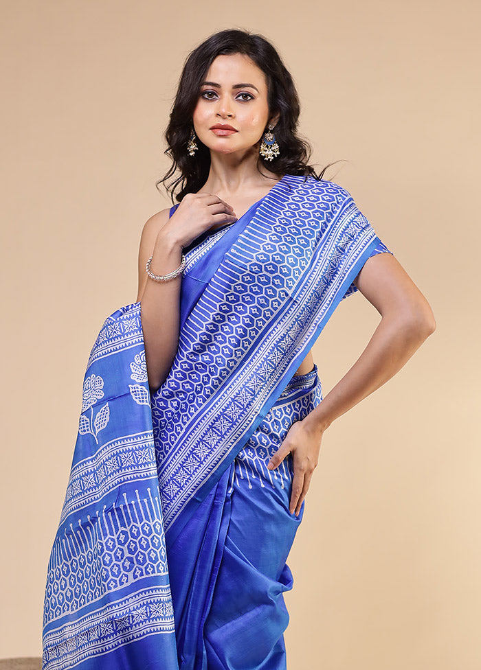 Blue Printed Pure Silk Saree Without Blouse Piece
