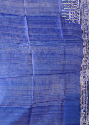 Blue Printed Pure Silk Saree Without Blouse Piece