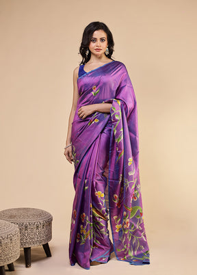 Purple Printed Pure Silk Saree Without Blouse Piece