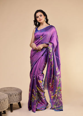 Purple Printed Pure Silk Saree Without Blouse Piece