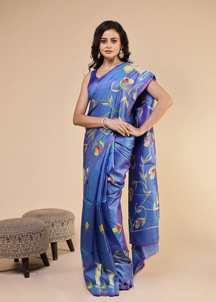 Blue Printed Pure Silk Saree Without Blouse Piece