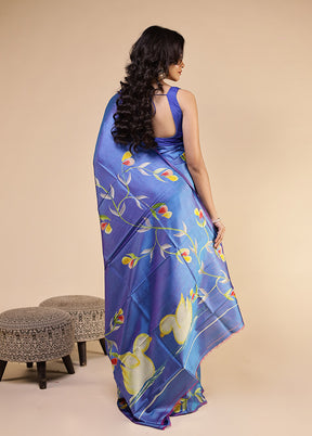 Blue Printed Pure Silk Saree Without Blouse Piece