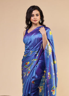 Blue Printed Pure Silk Saree Without Blouse Piece