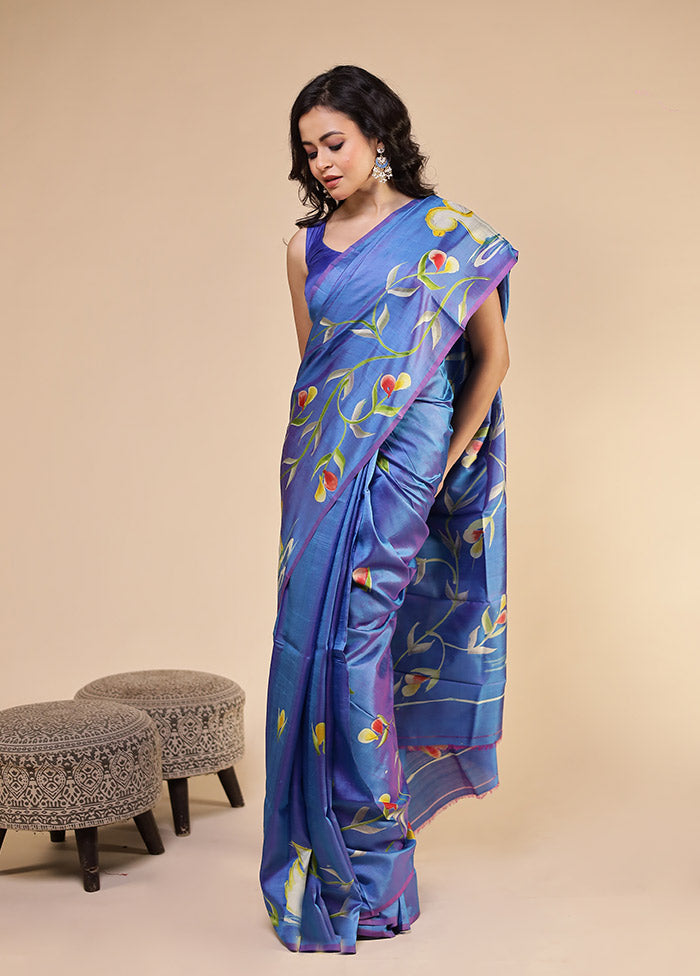 Blue Printed Pure Silk Saree Without Blouse Piece