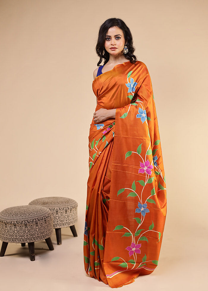 Orange Printed Pure Silk Saree Without Blouse Piece