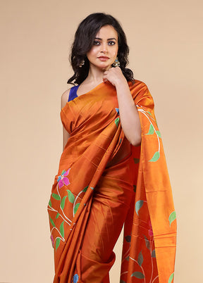 Orange Printed Pure Silk Saree Without Blouse Piece