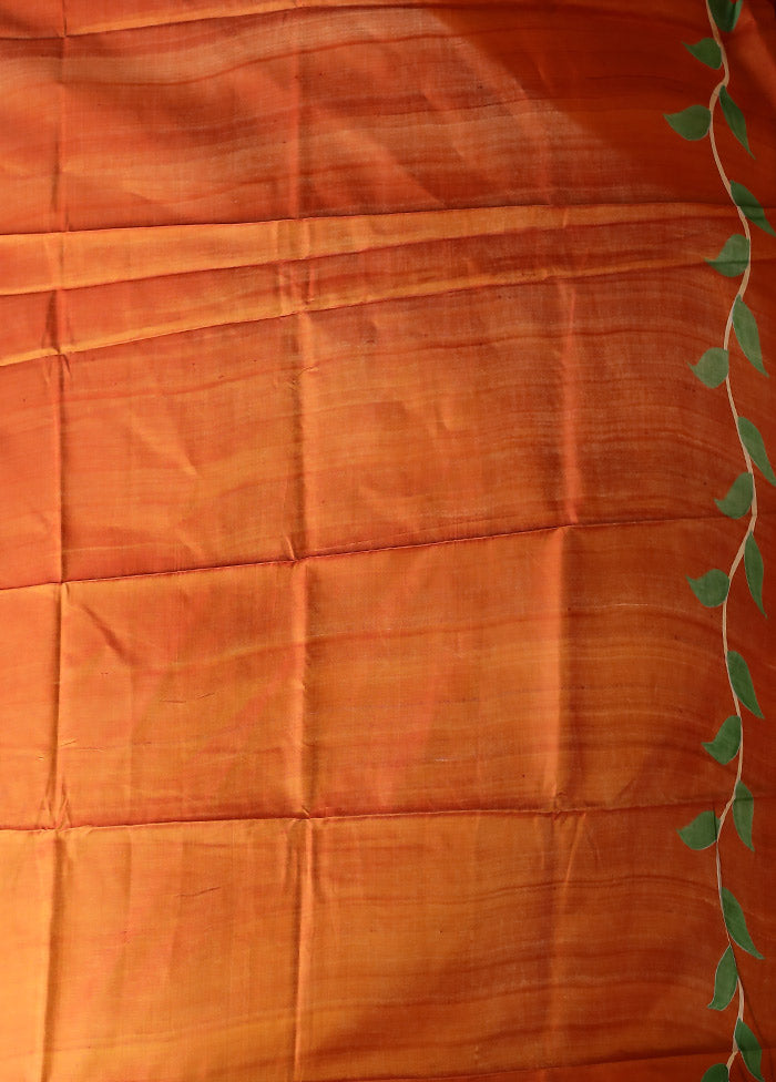 Orange Printed Pure Silk Saree Without Blouse Piece