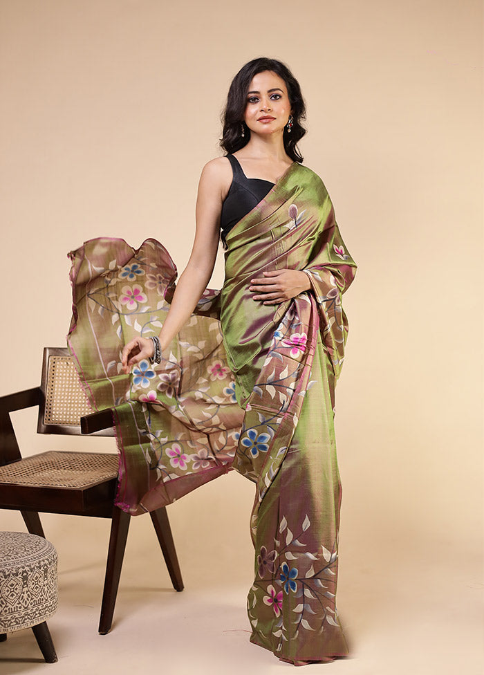 Green Printed Pure Silk Saree Without Blouse Piece
