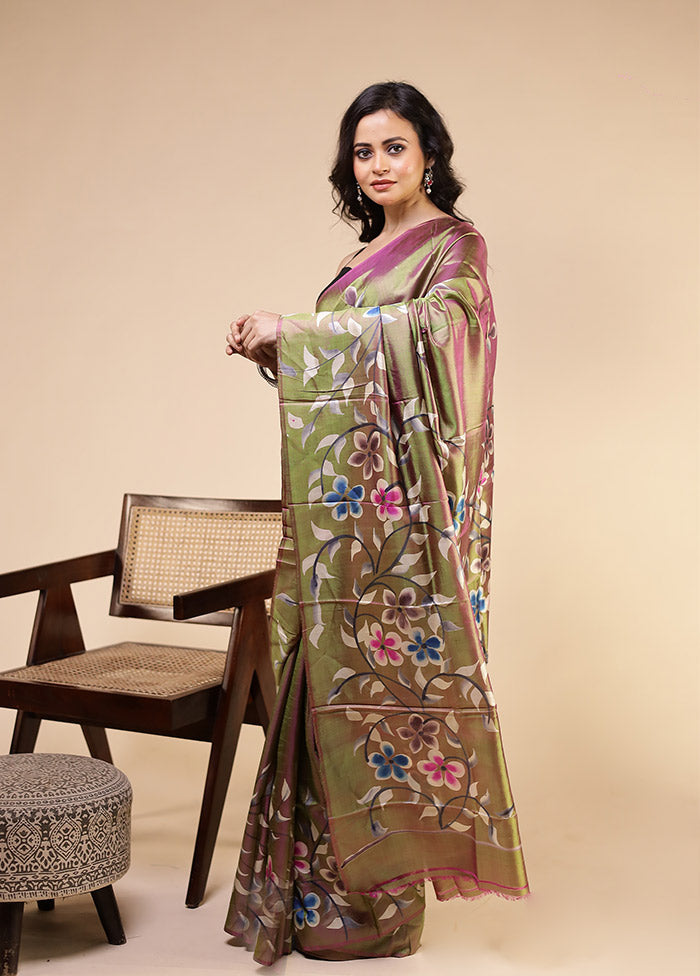 Green Printed Pure Silk Saree Without Blouse Piece