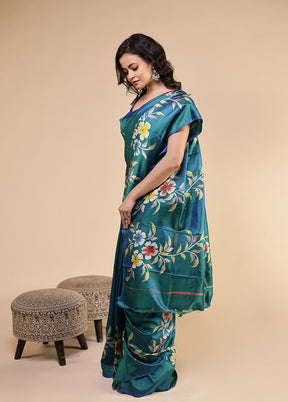 Green Printed Pure Silk Saree Without Blouse Piece