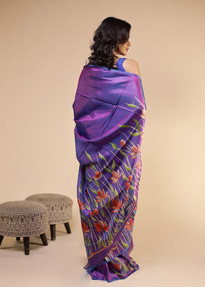 Purple Printed Pure Silk Saree Without Blouse Piece