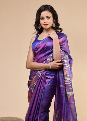 Purple Printed Pure Silk Saree Without Blouse Piece