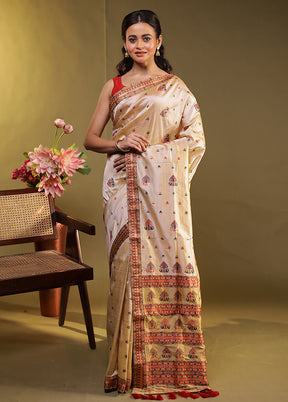 Cream Assam Silk Saree With Blouse Piece