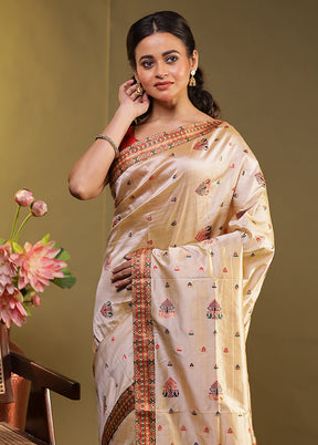 Cream Assam Silk Saree With Blouse Piece