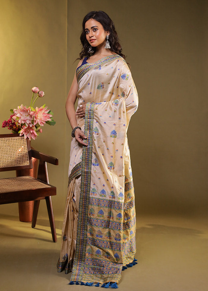 Cream Assam Silk Saree With Blouse Piece