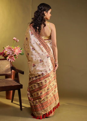 Cream Assam Silk Saree With Blouse Piece