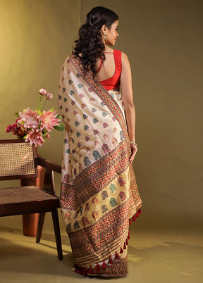 Cream Assam Silk Saree With Blouse Piece