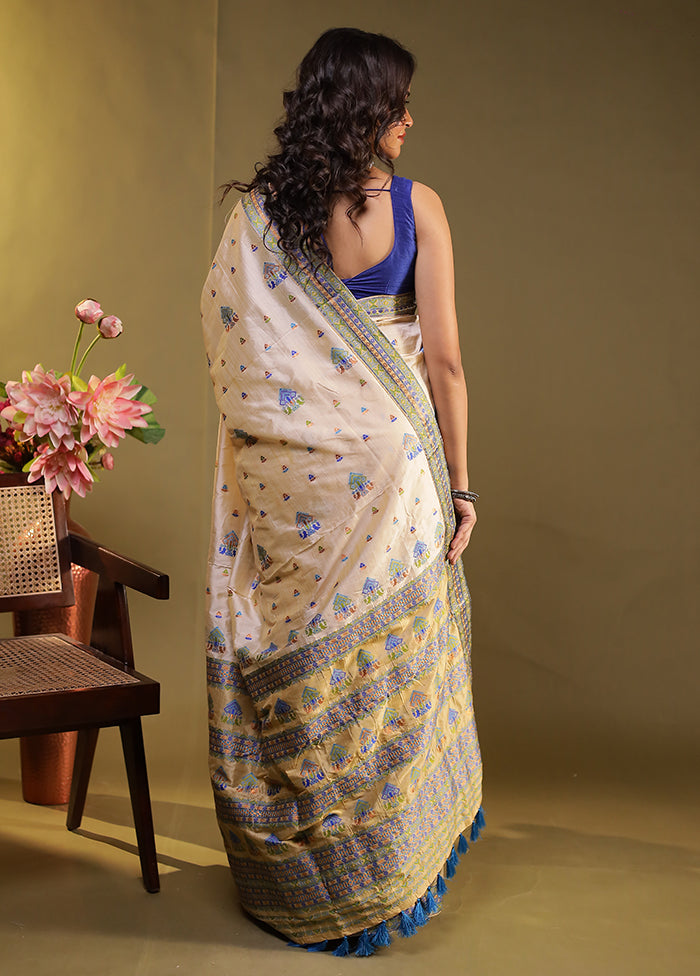 Cream Assam Silk Saree With Blouse Piece