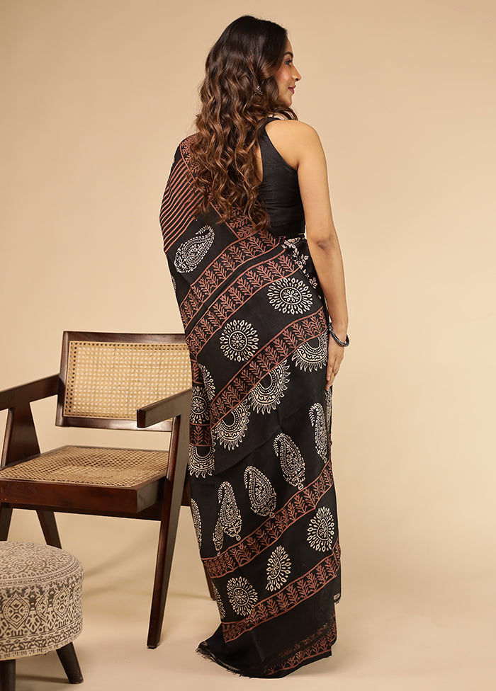 Black Printed Pure Silk Saree Without Blouse Piece