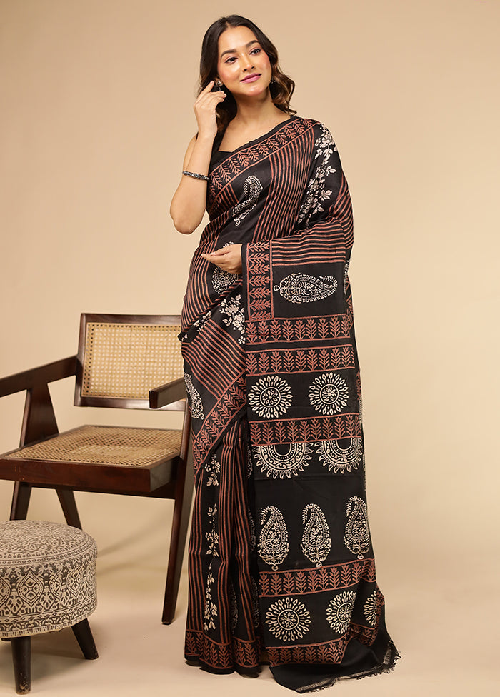 Black Printed Pure Silk Saree Without Blouse Piece