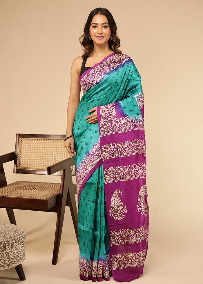 Green Printed Pure Silk Saree Without Blouse Piece