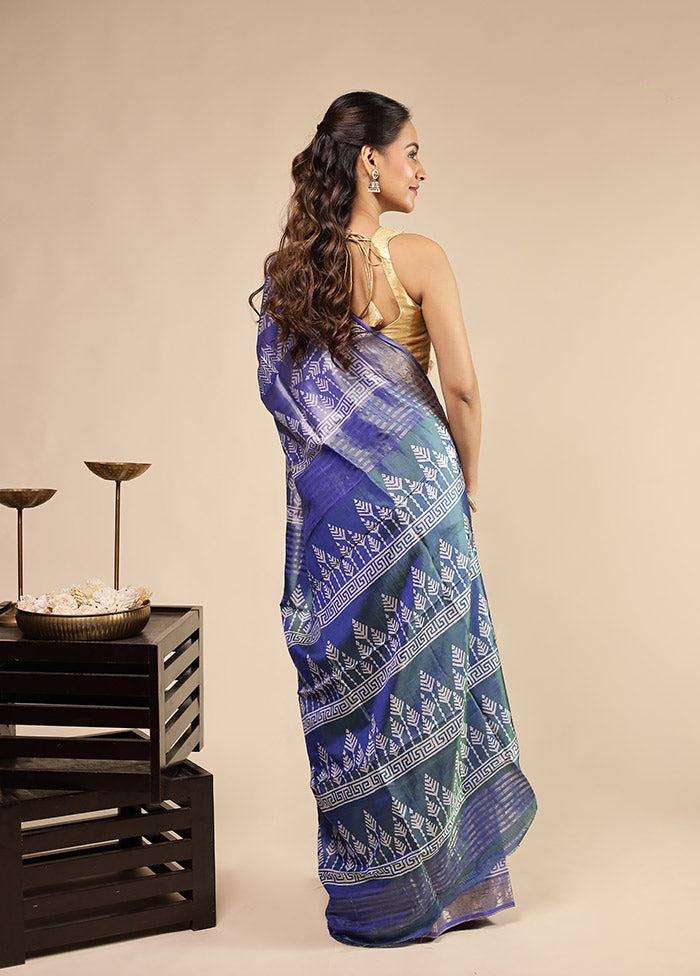 Blue Printed Pure Silk Saree Without Blouse Piece