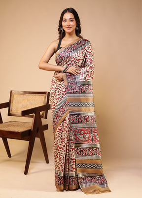 Cream Handloom Tussar Pure Silk Saree With Blouse Piece