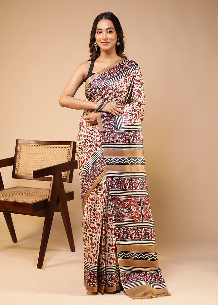 Cream Handloom Tussar Pure Silk Saree With Blouse Piece