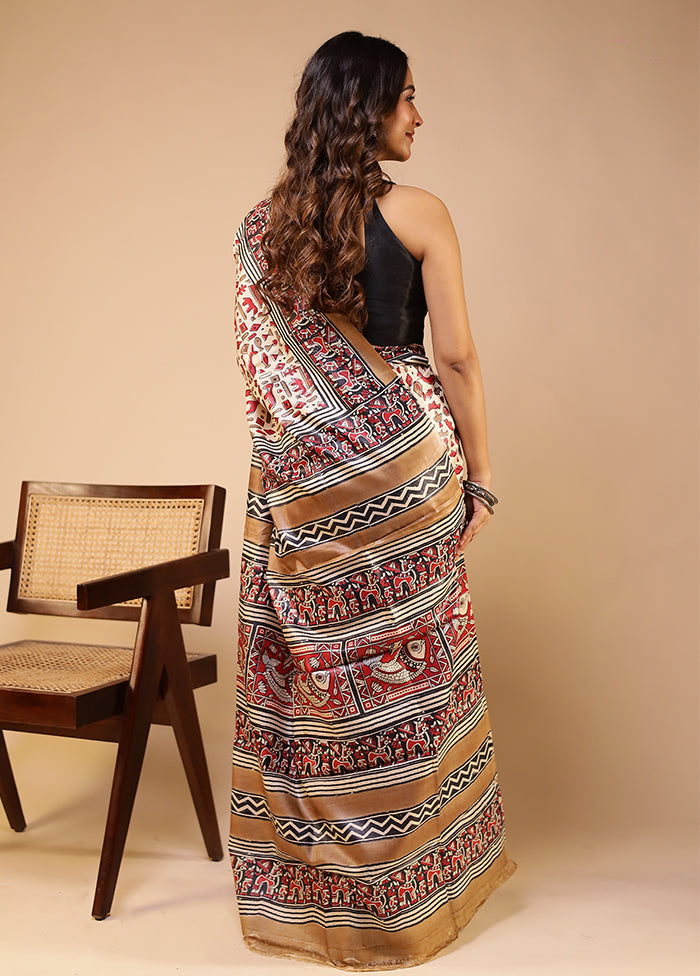 Cream Handloom Tussar Pure Silk Saree With Blouse Piece