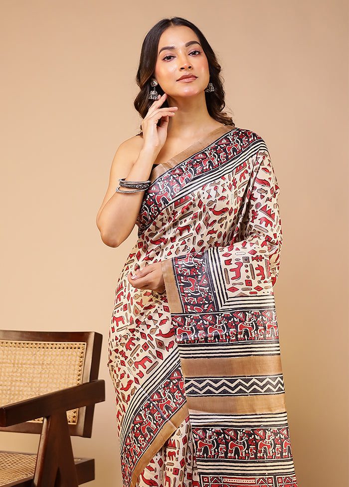 Cream Handloom Tussar Pure Silk Saree With Blouse Piece