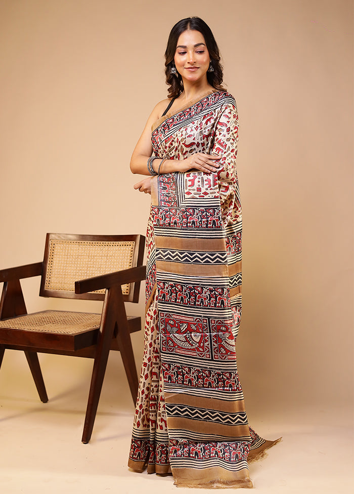 Cream Handloom Tussar Pure Silk Saree With Blouse Piece