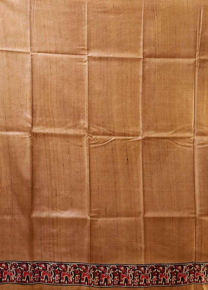 Cream Handloom Tussar Pure Silk Saree With Blouse Piece