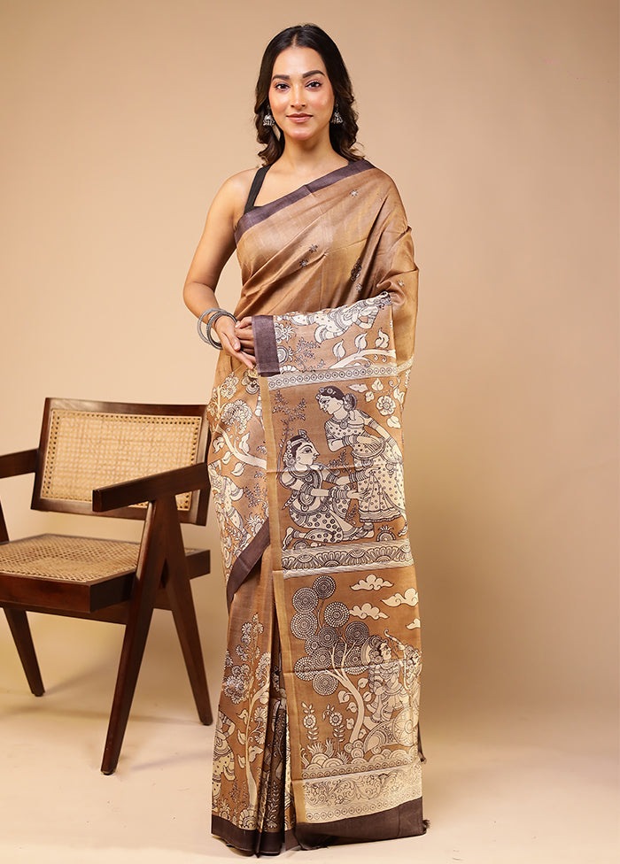 Brown Handloom Tussar Pure Silk Saree With Blouse Piece
