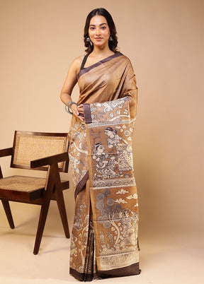 Brown Handloom Tussar Pure Silk Saree With Blouse Piece