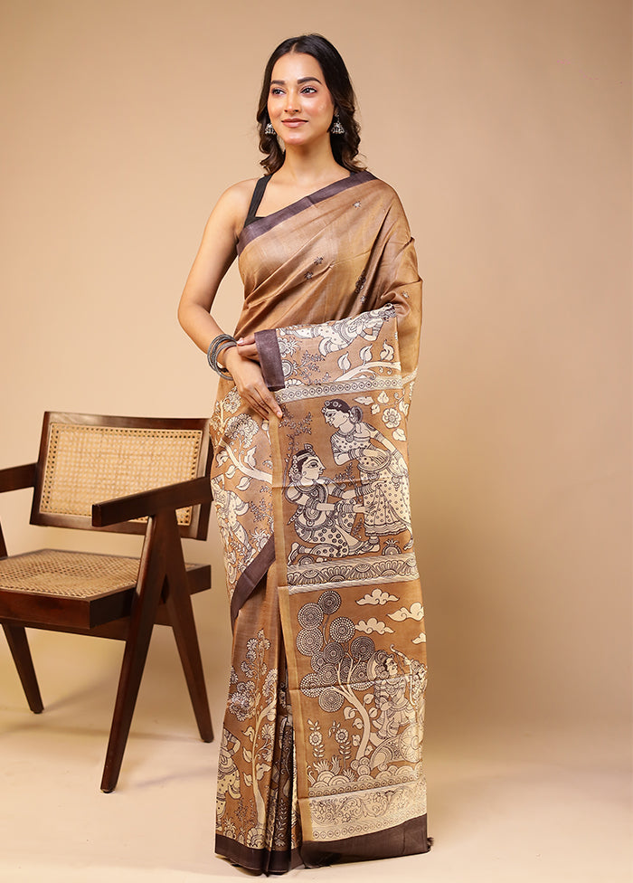 Brown Handloom Tussar Pure Silk Saree With Blouse Piece