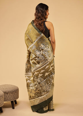 Green Handloom Tussar Pure Silk Saree With Blouse Piece