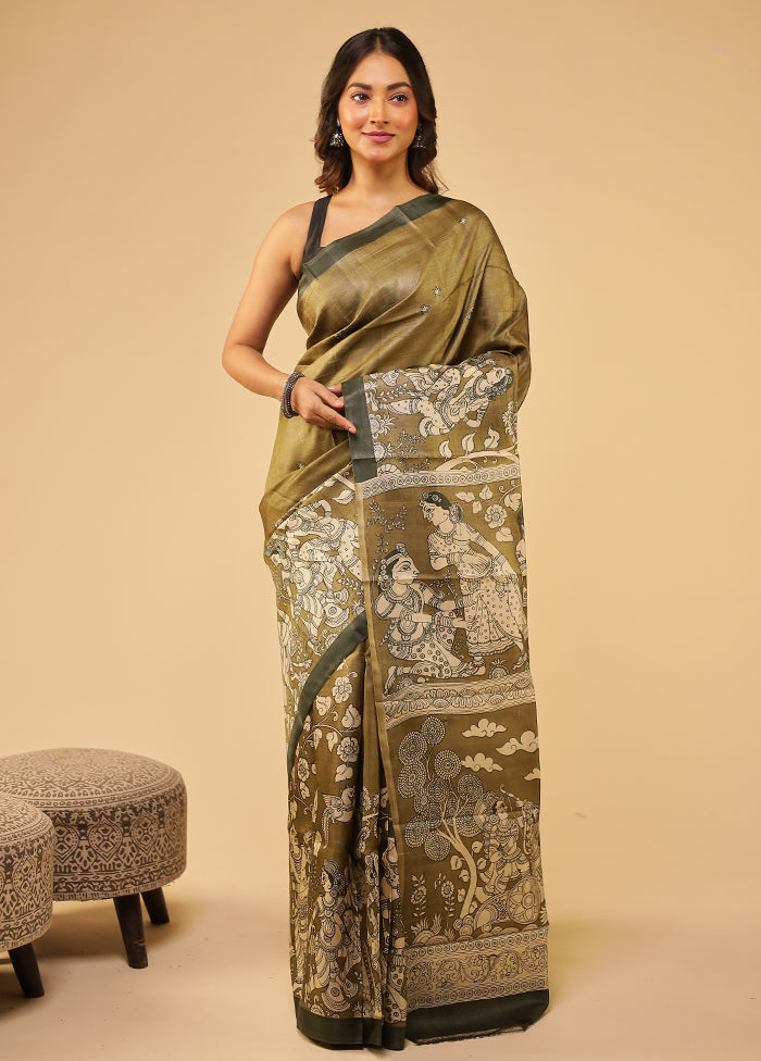 Green Handloom Tussar Pure Silk Saree With Blouse Piece