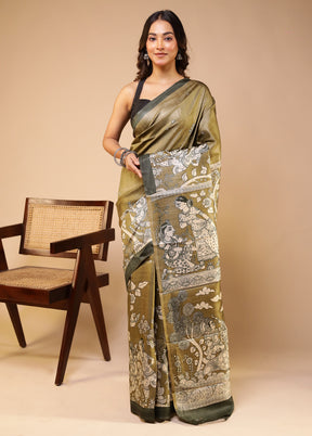 Green Handloom Tussar Pure Silk Saree With Blouse Piece