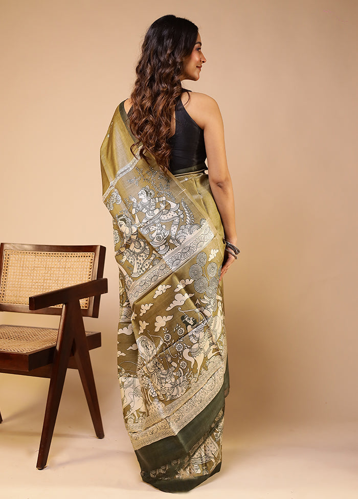Green Handloom Tussar Pure Silk Saree With Blouse Piece