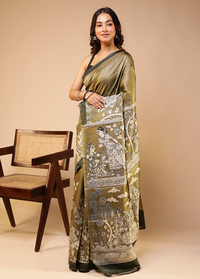 Green Handloom Tussar Pure Silk Saree With Blouse Piece
