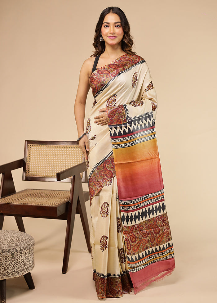 Cream Handloom Tussar Pure Silk Saree With Blouse Piece
