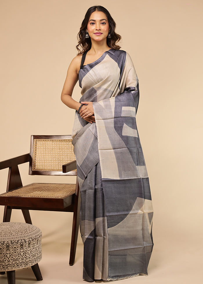 Cream Handloom Tussar Pure Silk Saree With Blouse Piece